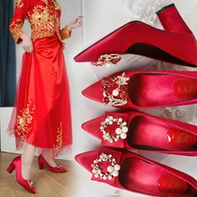 Women Rhinestone Red High Heel Pumps Pointed Toe Square Heel Suede Dress Pearl Wedding Shoes Red Bottom High Heels Bridal Shoes 2019 fashion design women high heels ivory pearl wedding party shoes 3 inches heel bride shoes pointed toe ceremony event pumps