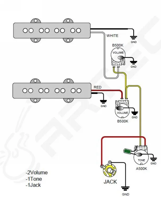 Схема распайки бас гитары с двумя звукоснимателями