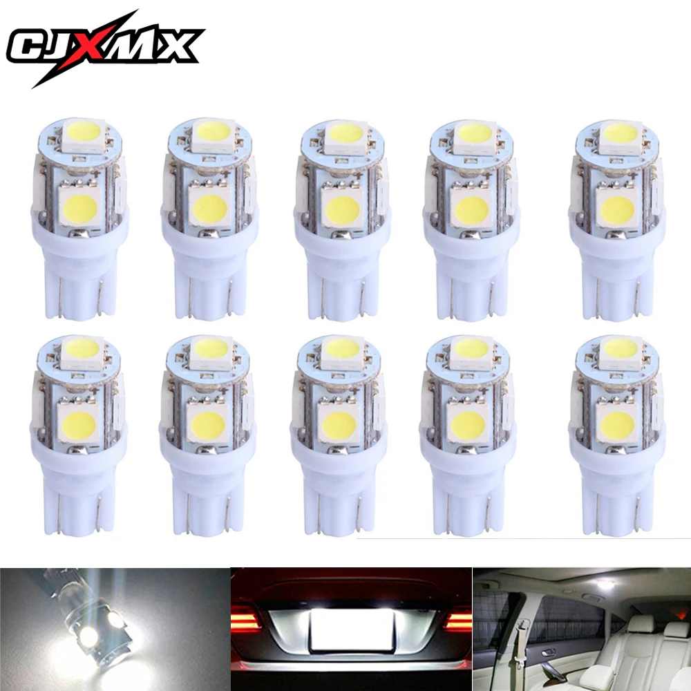 

CJXMX 10PCS T10 W5W LED Bulb 5050 5 SMD 194 168 Super Bright wedge Lights bulbs 12V Clearance Backup License Plate Light Bulb