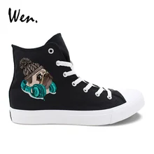 Вэнь животных Дизайн парусиновая обувь собака мопса вязаная шапка наушники черный высокий Топ белые плимсоллы подростков кроссовки на шнуровке плоской подошве