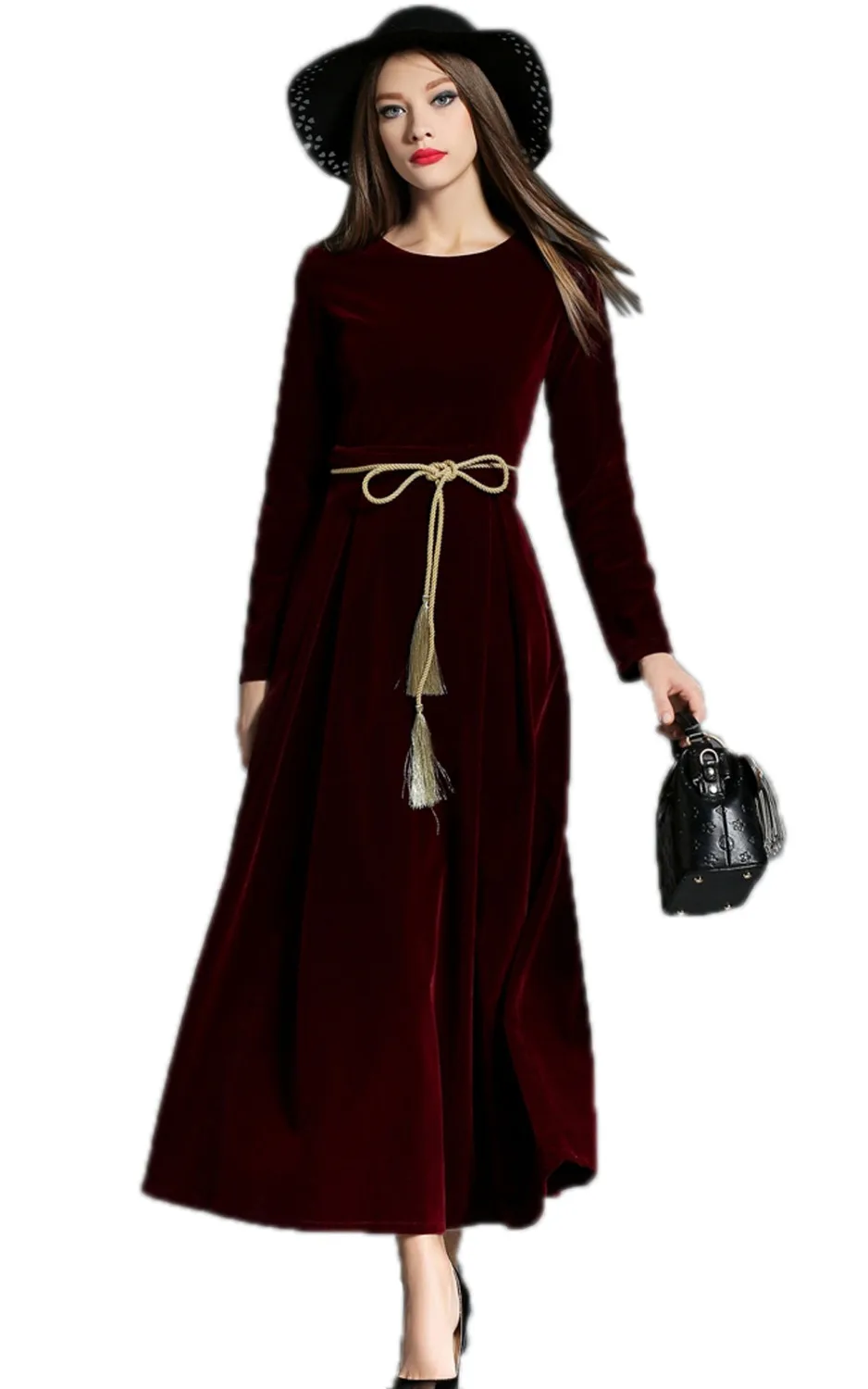 Free Shipping Retro Vintage Dark Blue Velvet Dress Women Long Sleeve