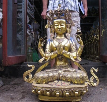 

004641 31"Tibea Buddhism Temple Bronze gild 4-Arms Chenrezig Kwan-Yin Buddha statue