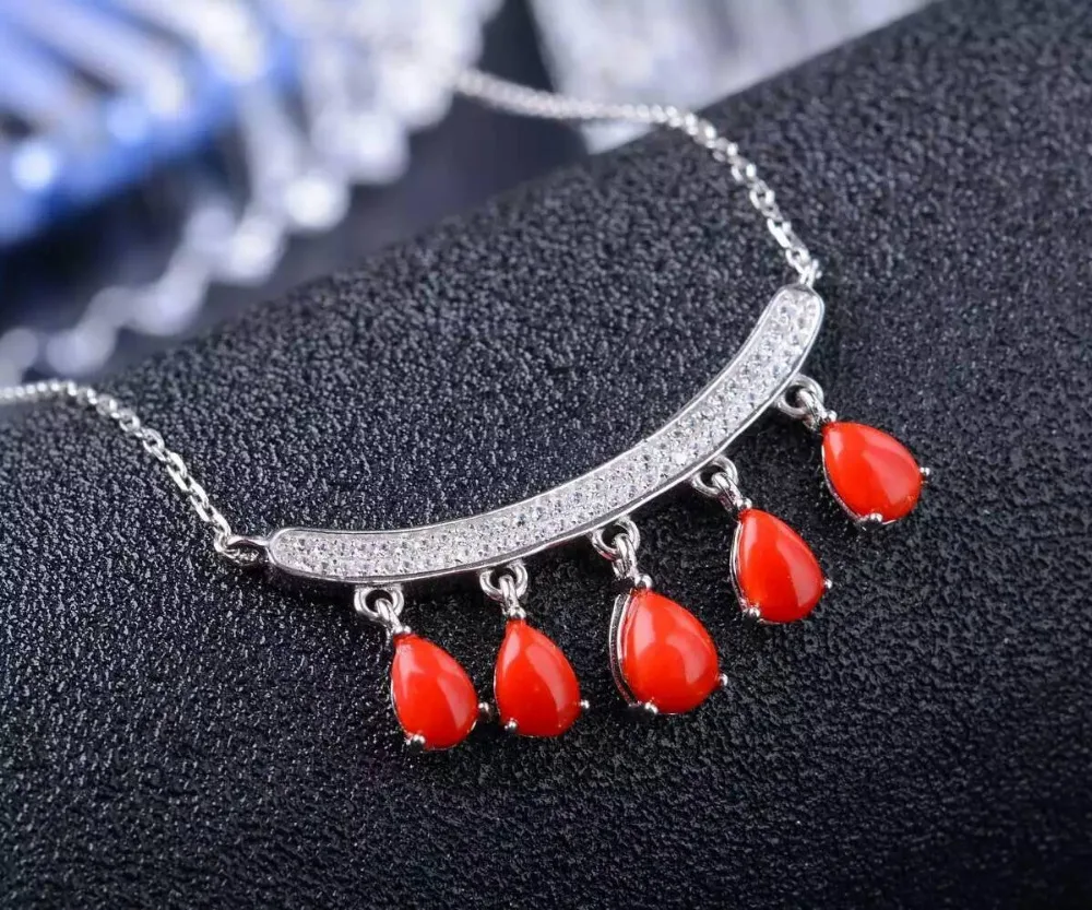 Naturel rouge corail pendentif naturel pierre gemme pendentif collier S925 argent élégant belle sou