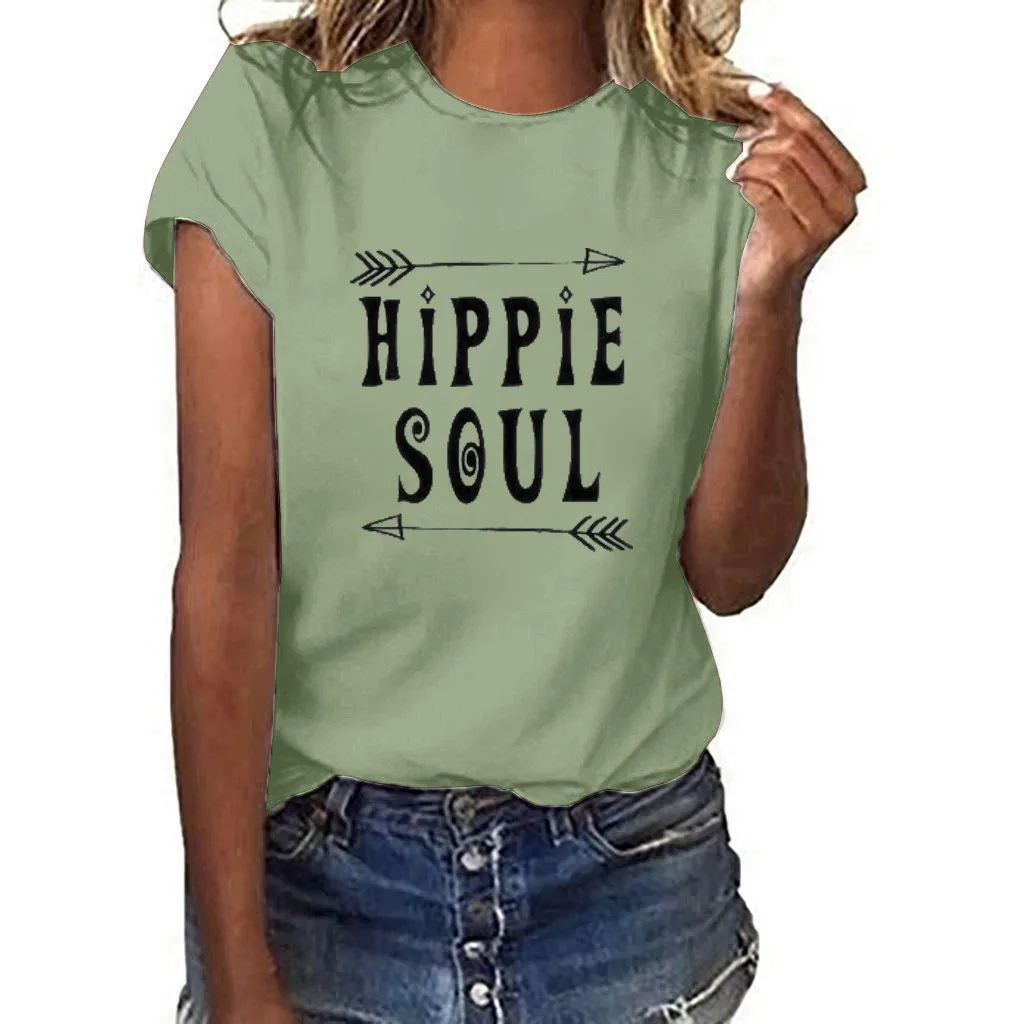 

2019 HIPPIE SOUL Letter T-Shirts Women Short Sleeve O Neck Summer Casual Tops Streetwear Female Tshirt Plus Size