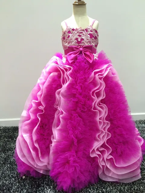 Cheap Vintage Flower Girl Dress Child Spaghetti Straps Sweetheart Ruffle Pink Tulle Ball Gowns Holy Communion Dresses 1-14 Year  Real