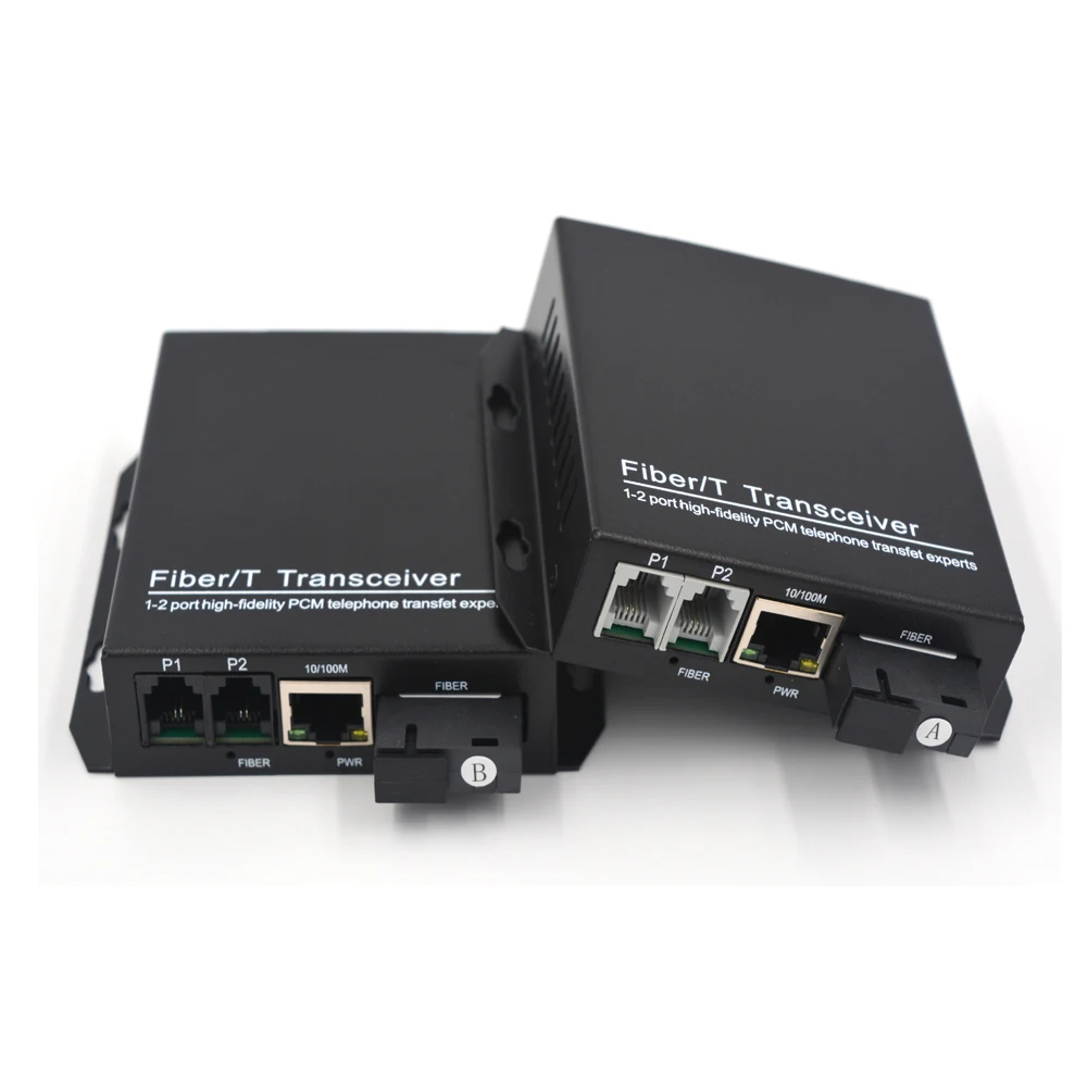 قسط الهاتف موسعات-2 قنوات PCM صوت الهاتف عبر الألياف البصرية يصل 20Km 10/100 Mbps إيثرنت SC المفردة الألياف
