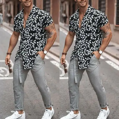 Men Hawaiian Shirt Beach Flower Party Summer Holiday Fancy Tops Short Sleeve Tee