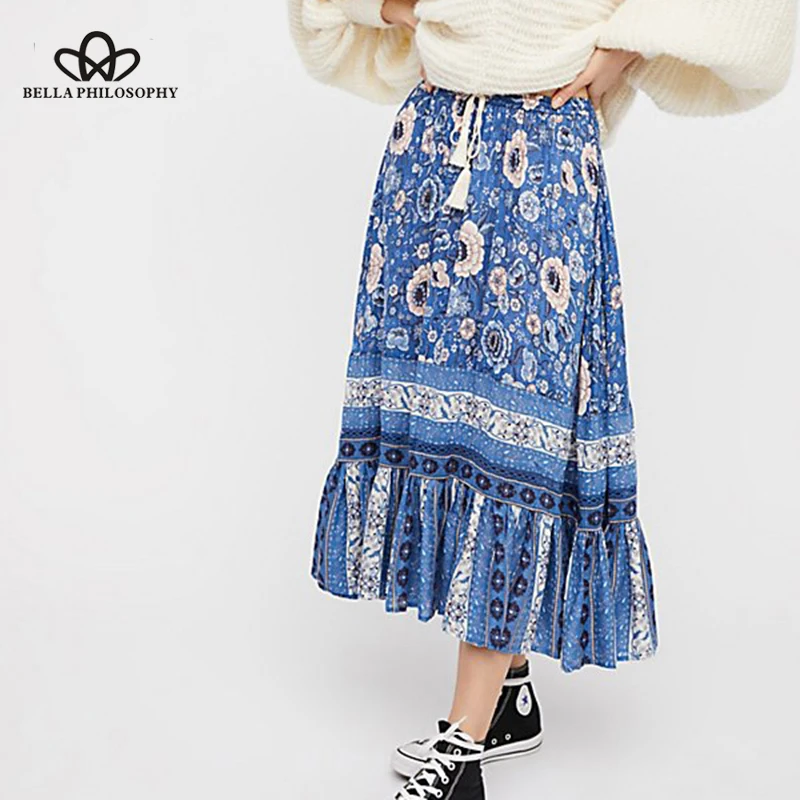 Bella Philosophy summer women bohemian floral printed pleated skirts ankle length hollow out skirts female blue beige skirts