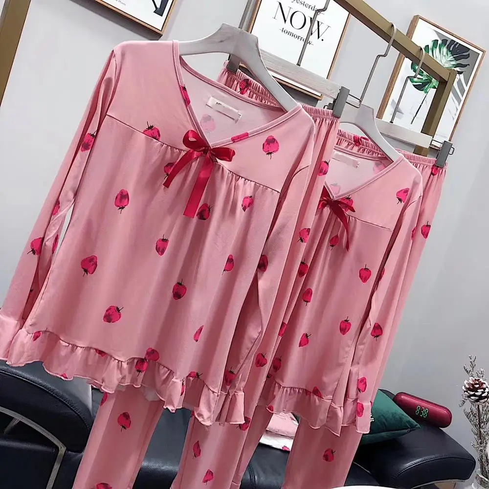 

summer women pajamas large size friut print stain cotton regular sleeves pajamas set 2 piece homewear sleepwear