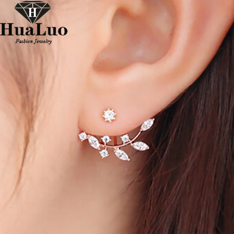 Korean Style Earrings 2016 New Zircon Crystal Leaves Shape Stud