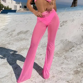 

Sexy Women Sheer Mesh Wide Leg Pants See Through Transparent High Waist Pants Night Club Wear Trousers