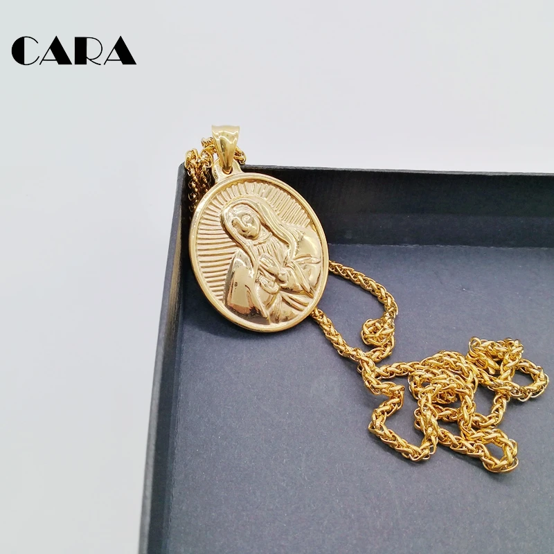 New Gold color oval virgin Mary pendant necklace Stainless steel religious Christian fashion Virgin mary necklace CARA0557
