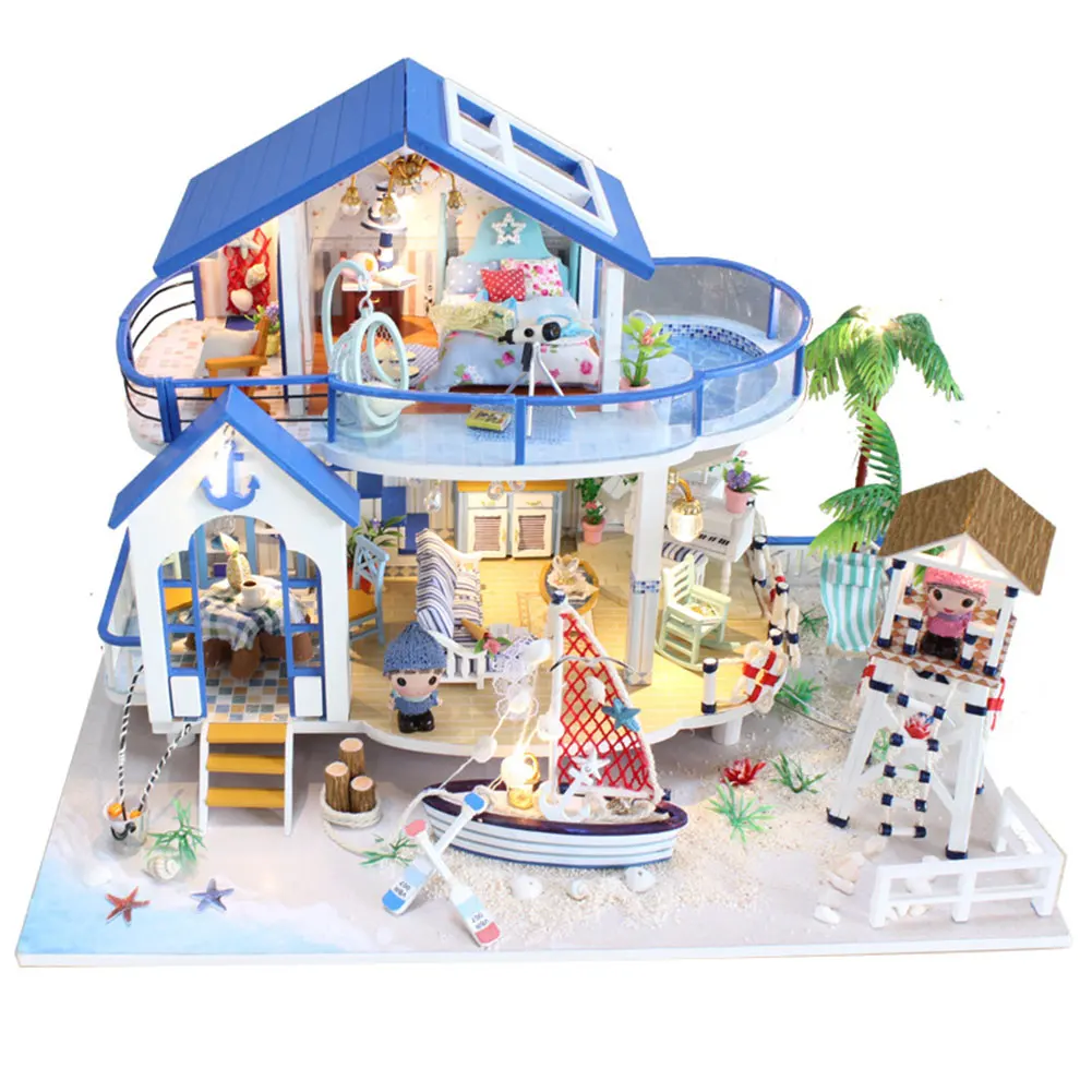

Handwork Children DIY LED Light Miniature Assembling Toy Wooden Furnitures Seaside Kit Blue Sea Villa Gift Doll House Birthday