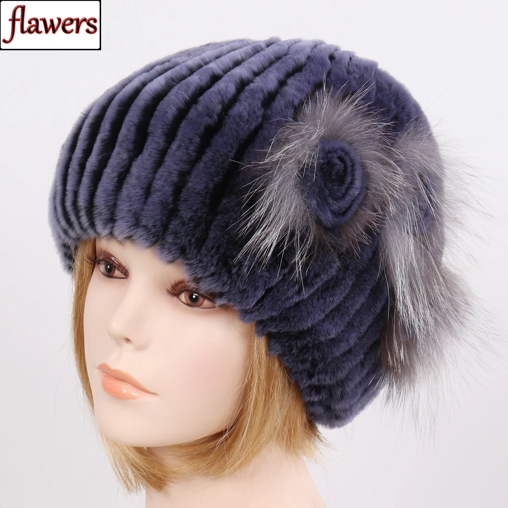 

2019 New Good Elastic Flowers Real Rex Rabbit Fur Hat Women Winter Warm 100% Natural Rex Rabbit Fur Hats Lady Genuine Fur Caps