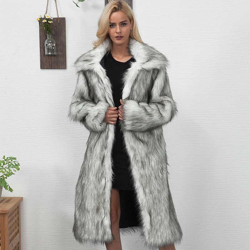 Winter Women Faux Fur Coat Long Slim Thicken Warm Hairy Jacket Female