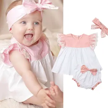 

Newborn Toddler Baby Kids Girl Clothes Sets Lace Sleeve Pink Tops+Headband+Pants Summer Outfit Clothes Set