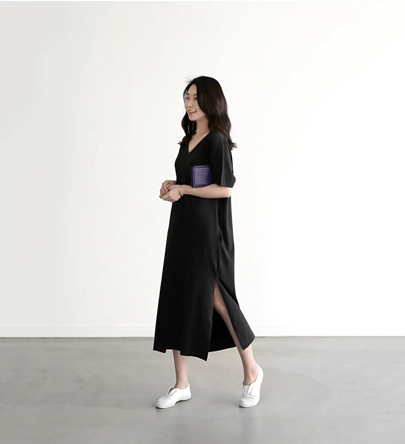 LZJN Women Summer Dress Loose Soft Modal Casual Midi Dress Solid Black 5 Colors Base Shirt Dress Plus Size Vestido verano (12)