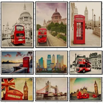 

London phone booth and bus and bridge retro poster tv poster Vintage Retro movie Antique Poster Wall Sticker Home Decora/5075