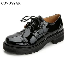 Оксфорды в стиле ретро; женская обувь с перфорацией типа «броги»; модная повседневная обувь из лакированной кожи на платформе; обувь на плоской подошве с круглым носком на шнуровке; большой размер 40; WFS521