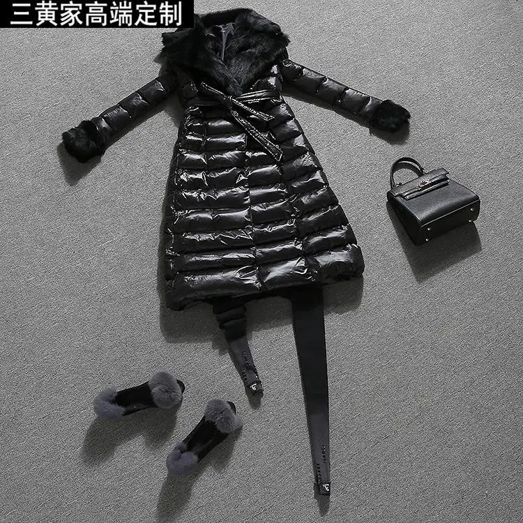 European winter coat 2016 female fashion big fur collar coat ladies long thin cotton cultivation padded