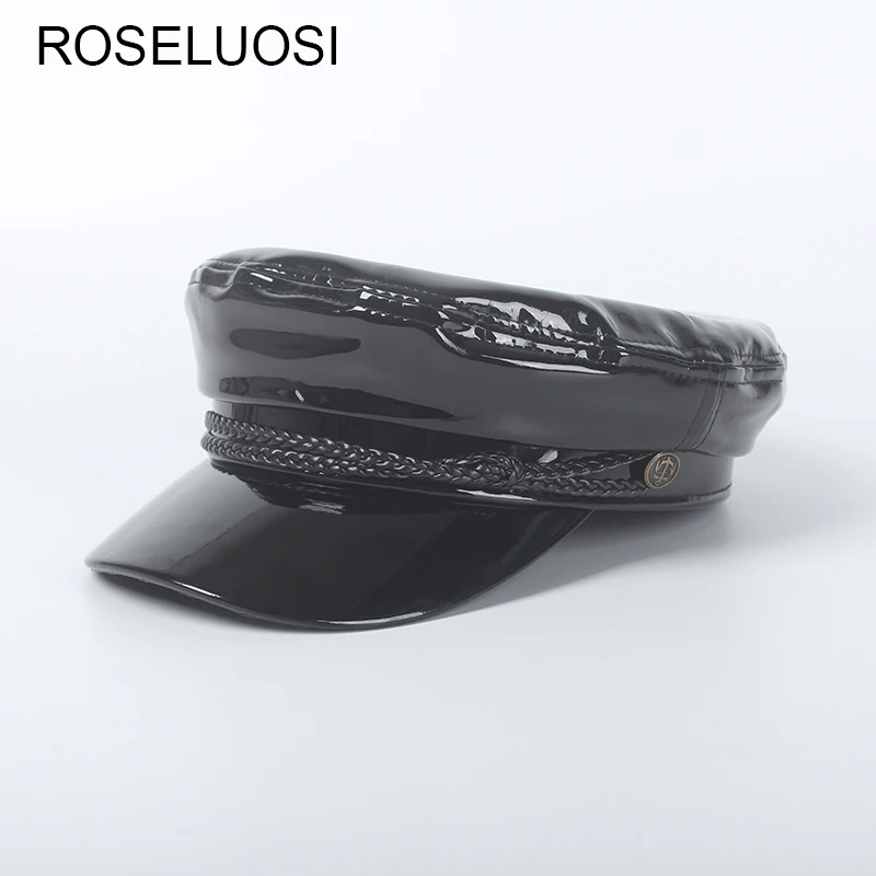 ROSELUOSI Women Leather Newsboy Caps Autumn Winter Fashion Black PU Leather Military Hats Gorros