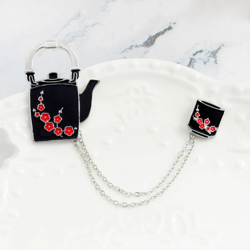 

2pcs /set black plum teapot cup brooch Black Tea Set Tool enamel Pin red plum branch brooch Pin jewelry gift for friends