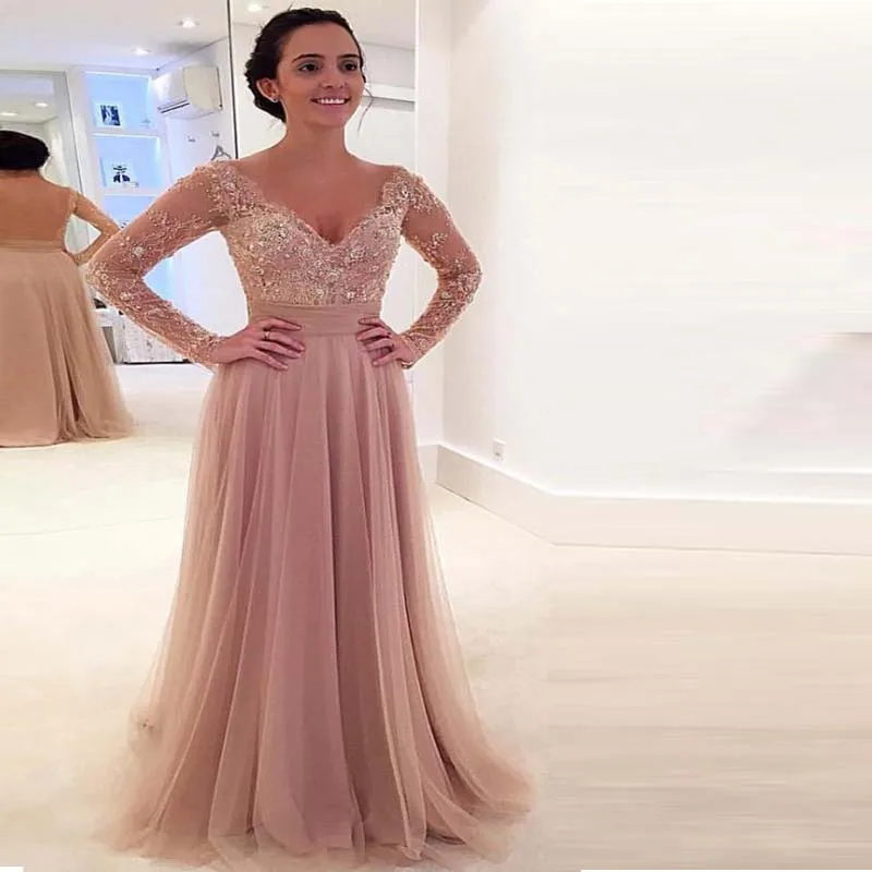 Blush Pink Evening font b Dresses b font with Detachable Train Sexy Sheer Long Sleeves font