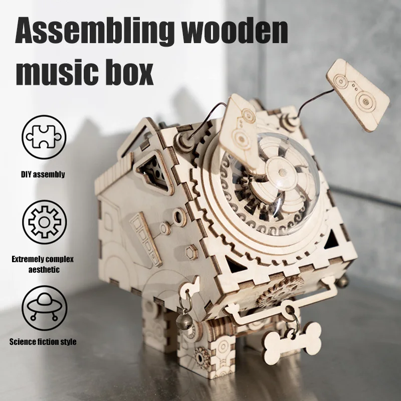 

Wooden Music Box Kit DIY Crank Musical Mechanism 3D Wooden Model Building Cabin music box carousel DC156