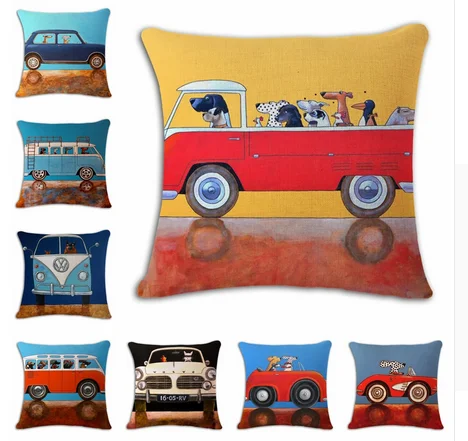 

Vintage Cover VW Retro Bus Dogs Driving Cute Puppies Nice Throw Cushion Cover