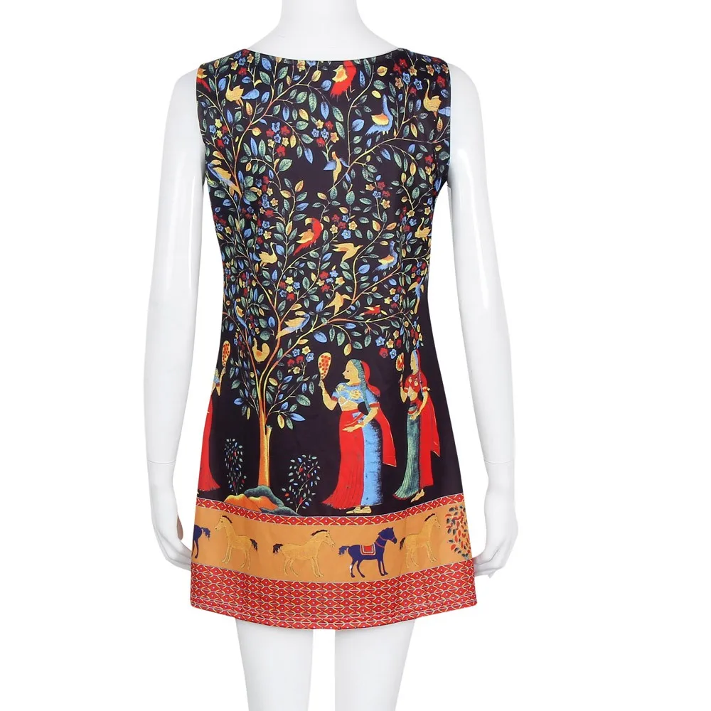 Винтаж Boho для женщин летние без Рукавов Пляж Печатных Короткое мини платье дамы