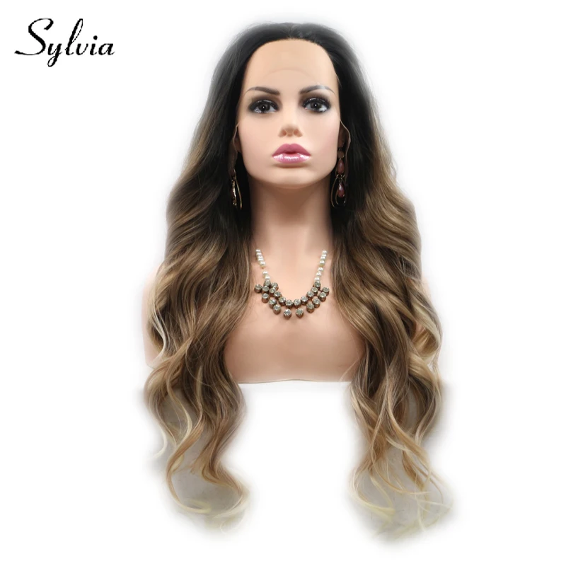 

Sylvia Brown Ombre Synthetic Lace Front Wigs with Dark Roots Middle Part Body Wave Long Heat Resistant Fiber Hair For Women