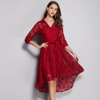 

Ladies elegant lace dress dovetail hollow out waist sashes trumpet mermaid party dress turn down collar 3/4 sleeve vestidos 5XL