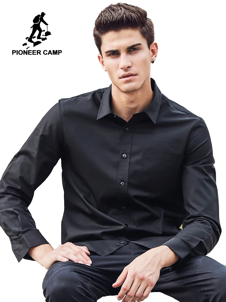 

Pioneer Camp black Shirt Men Long Sleeve New arrival brand clothing high quality cotton fashion back pattern Male Shirt 611509