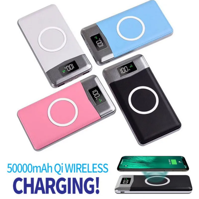  50000mah Power Bank Qi Wireless Charging 2 USB LCD LED Portable Wireless Charger External Battery F