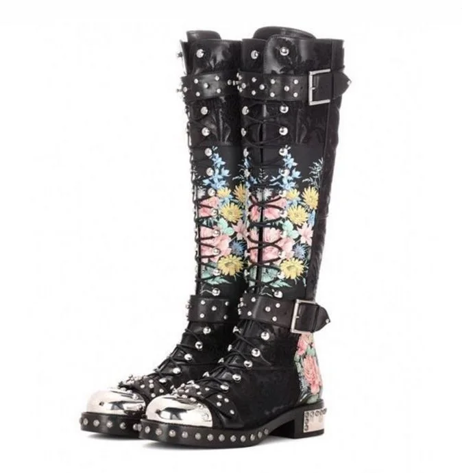 

Ladies Rain Boots Flower Print Leather Studded Thigh High Belted Boots Round Toe Lace-up Buckle Strap Over Knee Boots Womens