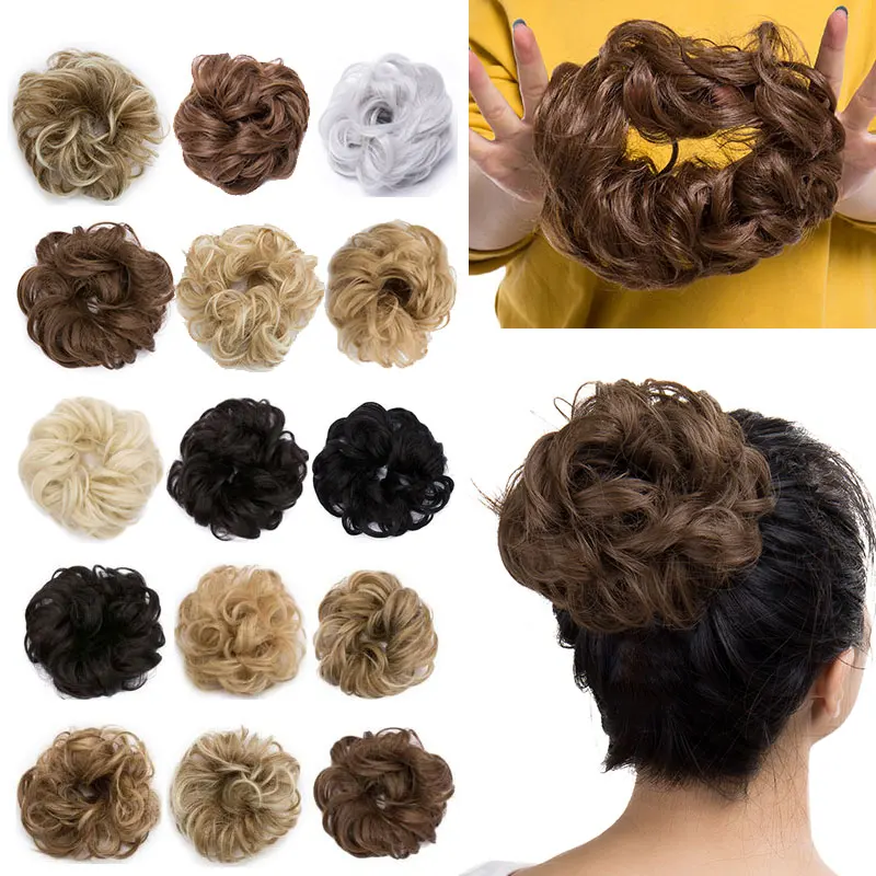 SNOILITE Curly Heat Resistant Synthetic Hair pieces Colors Women Chignon with Rubber Band Hair Extension Updo Donut Hairpieces