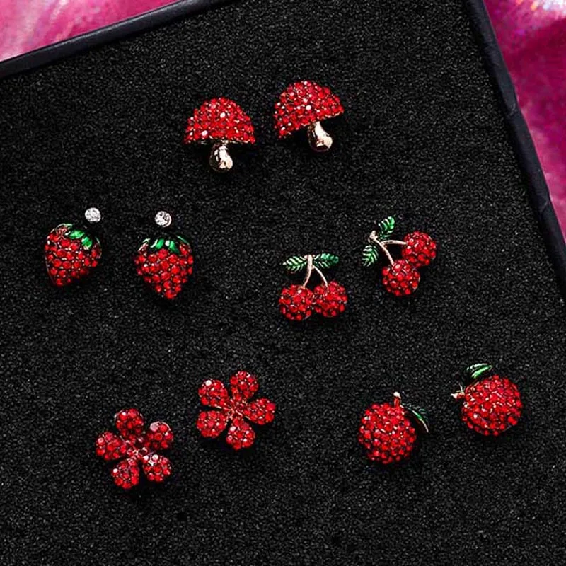 

2018 Romantic Sweet Red Crystal Flower Mushroom Cherry Strawberry Apple Fruit 925 Silver Stud Earrings for Women Girls Jewelry