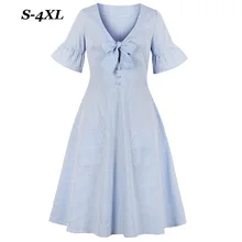 Joineles Blue Stripe Flare Sleeves Women Retro Dress Bowknots V Neck Two Pockets Vintage Dress Party Vestidos Robe Tunic Dresses