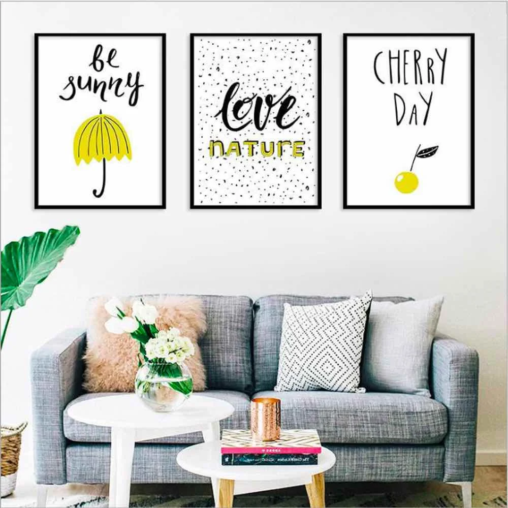 

HAOCHU Canvas Cartoon Yellow Umbrella Painting Living Room Home Decor Painting Print Poster Simple Nordic Wall Picture