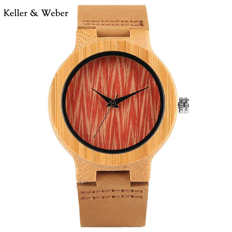 

KW Women Bamboo Watch Light Red Dial Analog Quartz Movement Handmade Genuine Leather Strap Watches in Gift Bag Sport Clock
