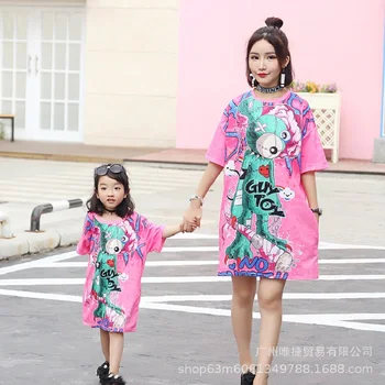 

Mommy Daughter Dresses Tshirt Clothing Family Matching Outfits Pyjamas Summer New Mother Daughter Cartoon Print T-shirts Clothes