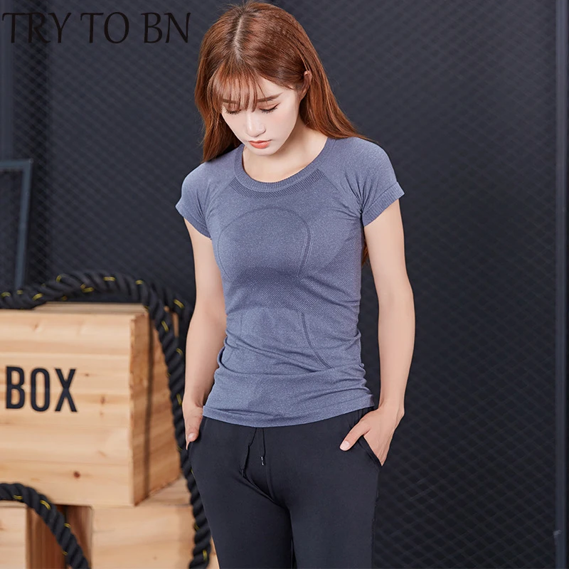 

TRY TO BN T-shirts For Women Quick Drying High Elasticity Slim Fit Top Female Solid O-neck Short Sleeves Breathable Top