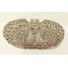 8332S silver Crystal Double Peacock Bridal Party Night Hollow Metal Evening purse clutch bag case box handbag