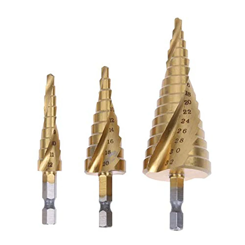 

HSS 4241 Coated Spiral Step Drill Bit Set 4-12/4-20/4-32mm 1/4-Inch hex Shank Drive Quick Change Woodworking Punching Tools
