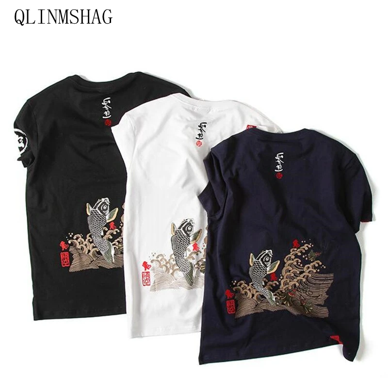 

QLINMSHAG Japanese style Summer 2019 Men Brand Clothing Fashion Carp fish Print T-Shirt 100% Cotton Short Sleeve Fitness T Shirt