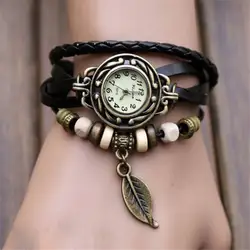 DISU женские наручные часы браслет переплетение с узором кварцевые кожа бусины в виде листиков часы для женщин модные часы 2019 Relogio Feminino