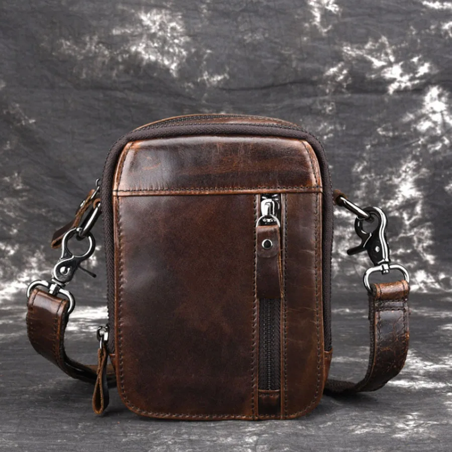 

New Men's Oil Wax Genuine Leather Fanny Waist Bag Cell/Mobile Phone Coin Purse Pocket Belt Cross Body Messenger Shoulder Bags