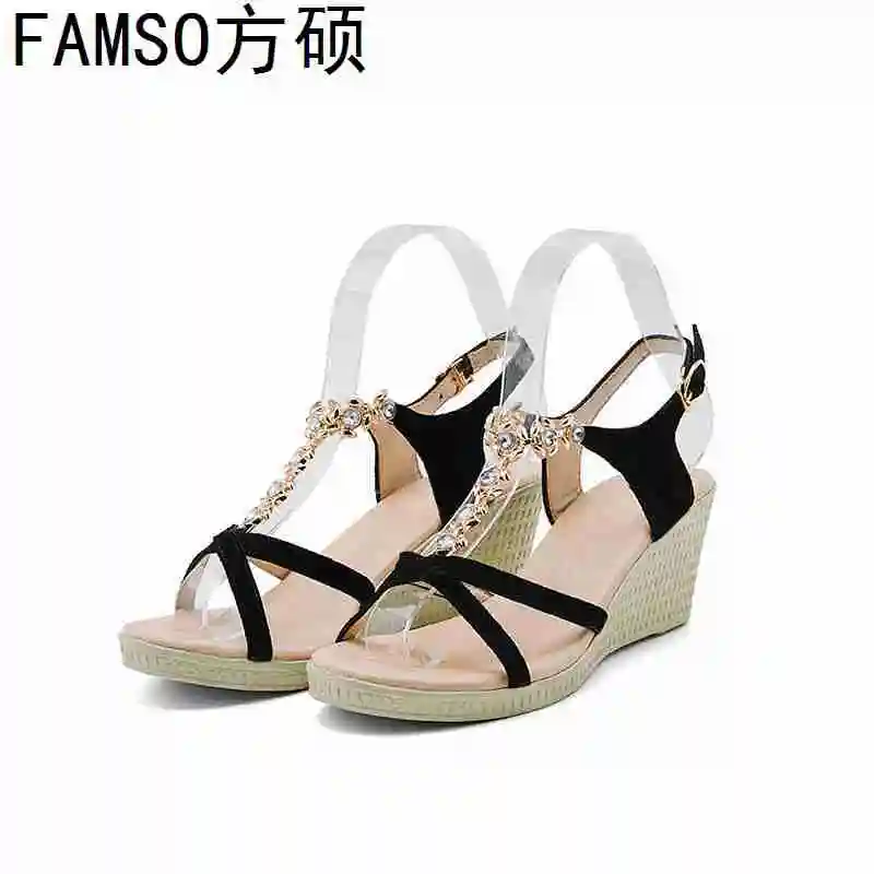 

FAMSO 2019 New Arrival Women Sandals Black Buckle Genuine Leather Lady Casual Pumps Summer Heels Wedges Sandals High Heels Shoes
