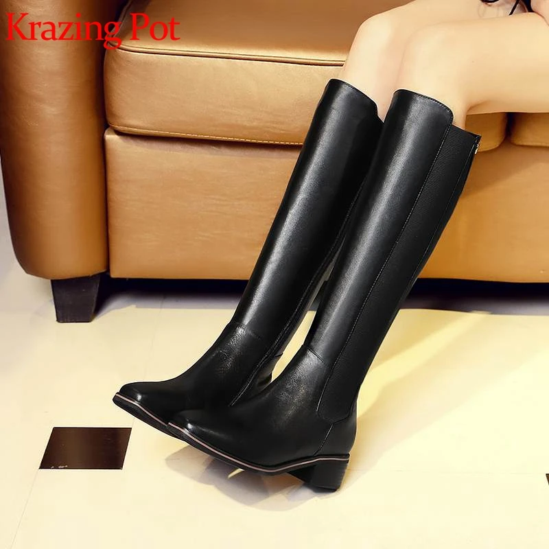 

Krazing Pot 2018 genuine leather square toe med heels superstar riding boots concise design gentleman style mid-calf boots L73