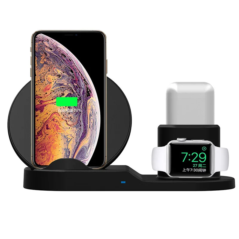 Online Cargador inalámbrico Qi de 10W de carga rápida para iPhone XR Samsung 3 en 1 soporte Dock Station cargador para iWatch 1 2 3 4 Airpods